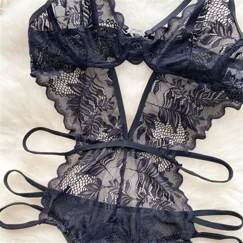 Lace Sexy Hollow Transparent Strappy Pajamas 2024 New Women's Jumpsuit Slim Fit Lingerie Hot Jumpsuit Backless Sensual Nightwear