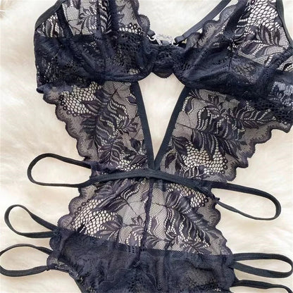 Lace Sexy Hollow Transparent Strappy Pajamas 2024 New Women's Jumpsuit Slim Fit Lingerie Hot Jumpsuit Backless Sensual Nightwear