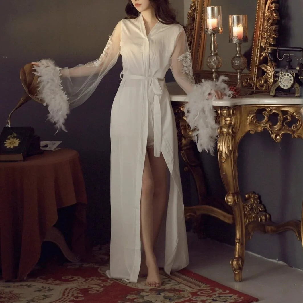 فساتين زفاف نسائية من الساتان بأكمام ريشية كبيرة من شبكة كيمونو طويل من Vestidos De Novia ملابس نوم فاخرة