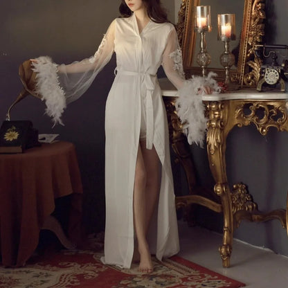 فساتين زفاف نسائية من الساتان بأكمام ريشية كبيرة من شبكة كيمونو طويل من Vestidos De Novia ملابس نوم فاخرة