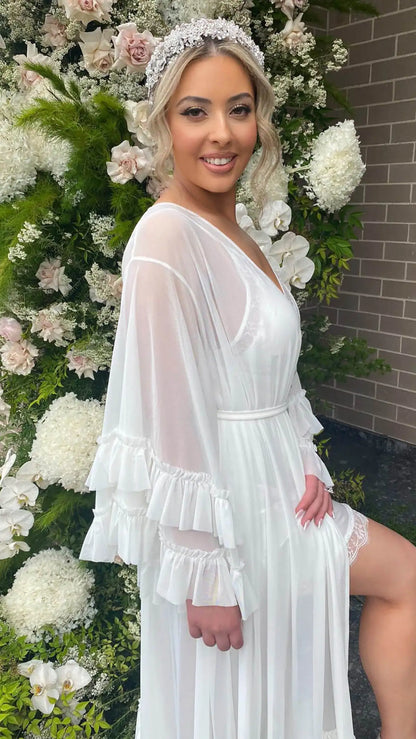 Illusion Women Nightgown Bridal Pajamas Long Sleeve Lace up Ruffles Bridal Wedding Bathrobe for Photography Custom Made