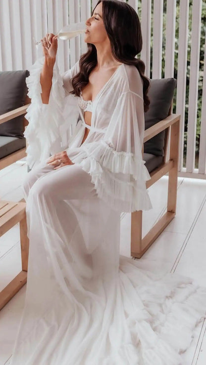 Illusion Women Nightgown Bridal Pajamas Long Sleeve Lace up Ruffles Bridal Wedding Bathrobe for Photography Custom Made