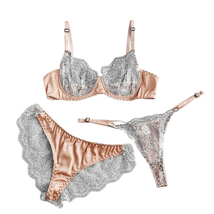 Women's Ultra-thin Steel Ring Eyelashes Lace Stitching Sexy Underwear Three-piece Set Thin Mesh Perspective Sexy Lingerie Set