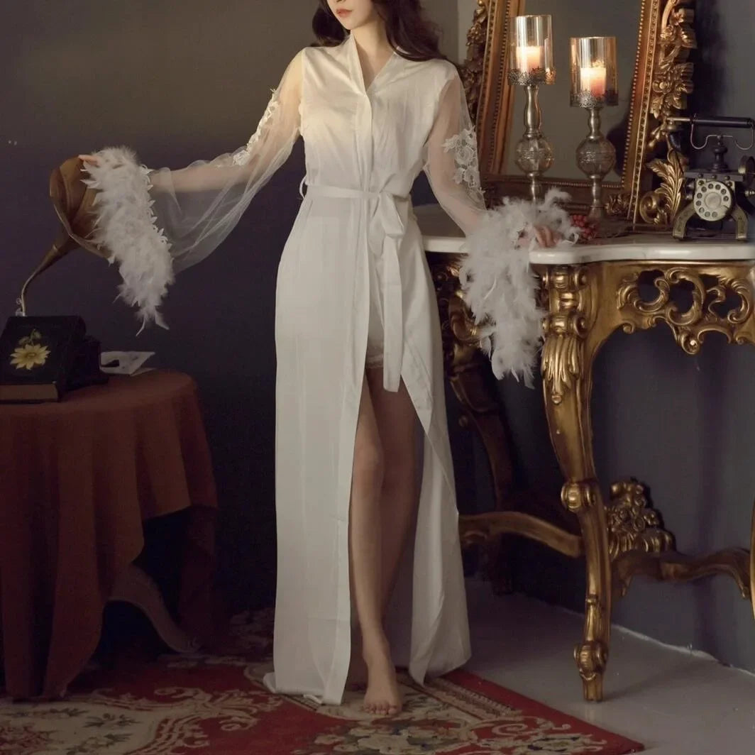 فساتين زفاف نسائية من الساتان بأكمام ريشية كبيرة من شبكة كيمونو طويل من Vestidos De Novia ملابس نوم فاخرة