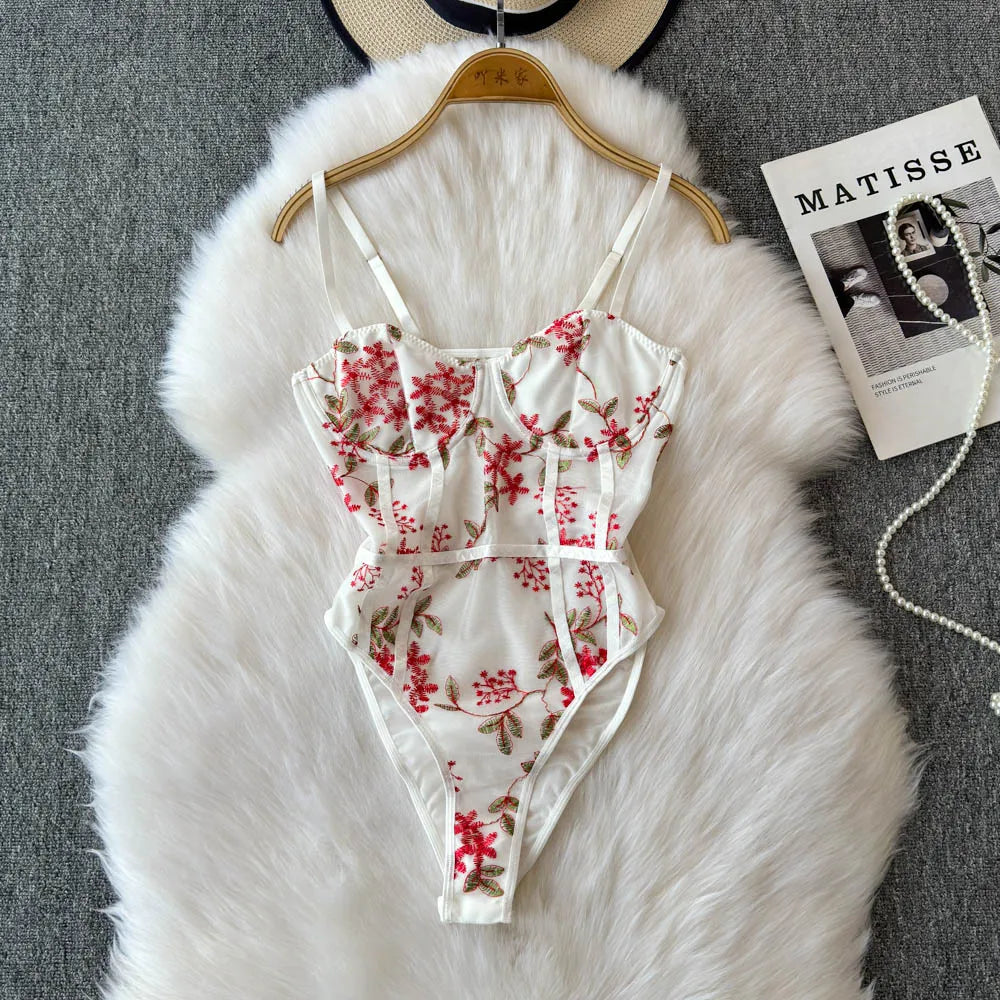 Women Hotsweet Vintage Mesh Embroidered Bodysuits Chic Lace Backless Jumpsuits Slim Straps Top Rompers Summer Sexy Clothing