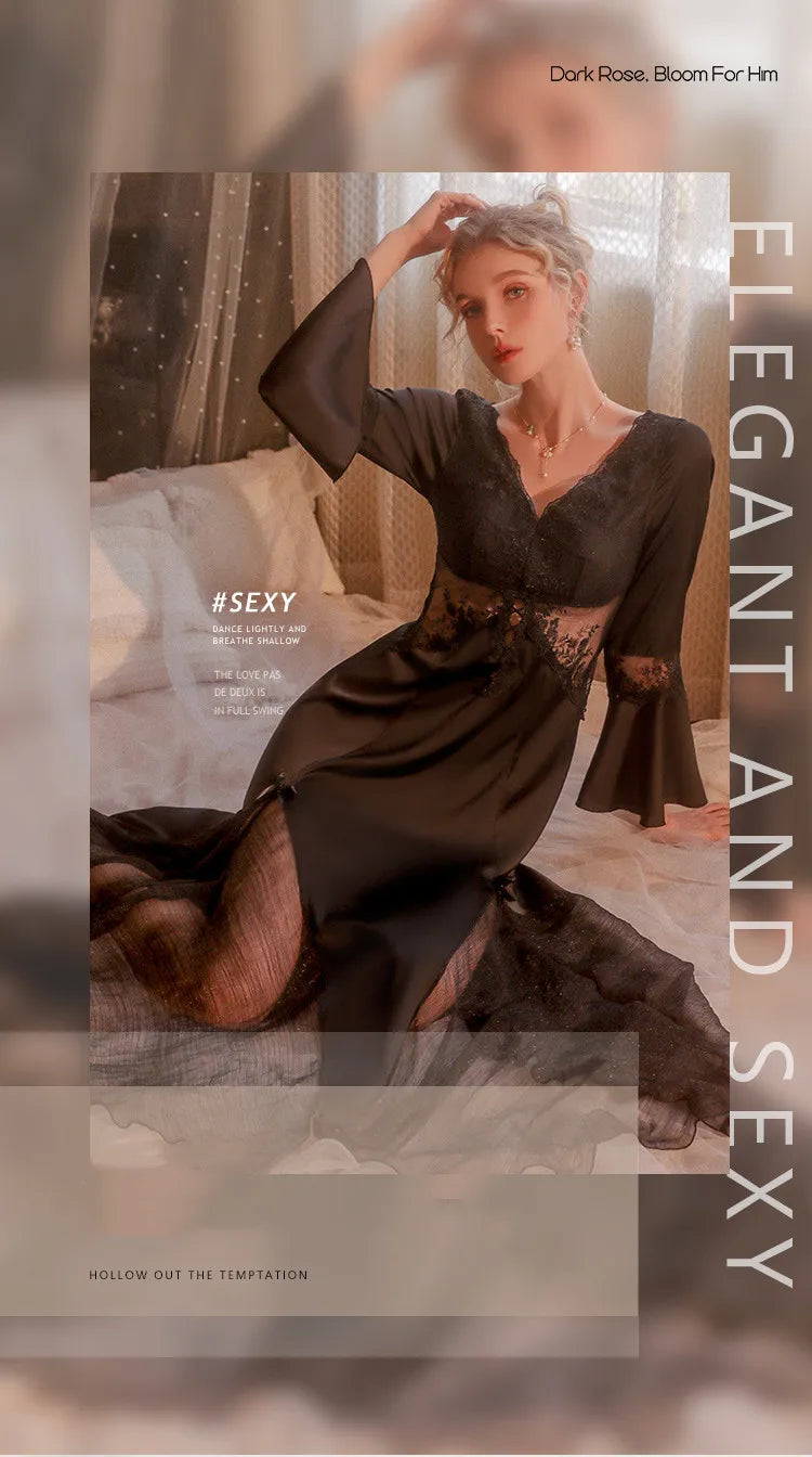 Sexy Mousse 2023 Ladies Sleepwear Sexy Long Nightdress Satin Deep V Mesh Embroidery Lace Nightwear Women Pajamas Home Suit Black