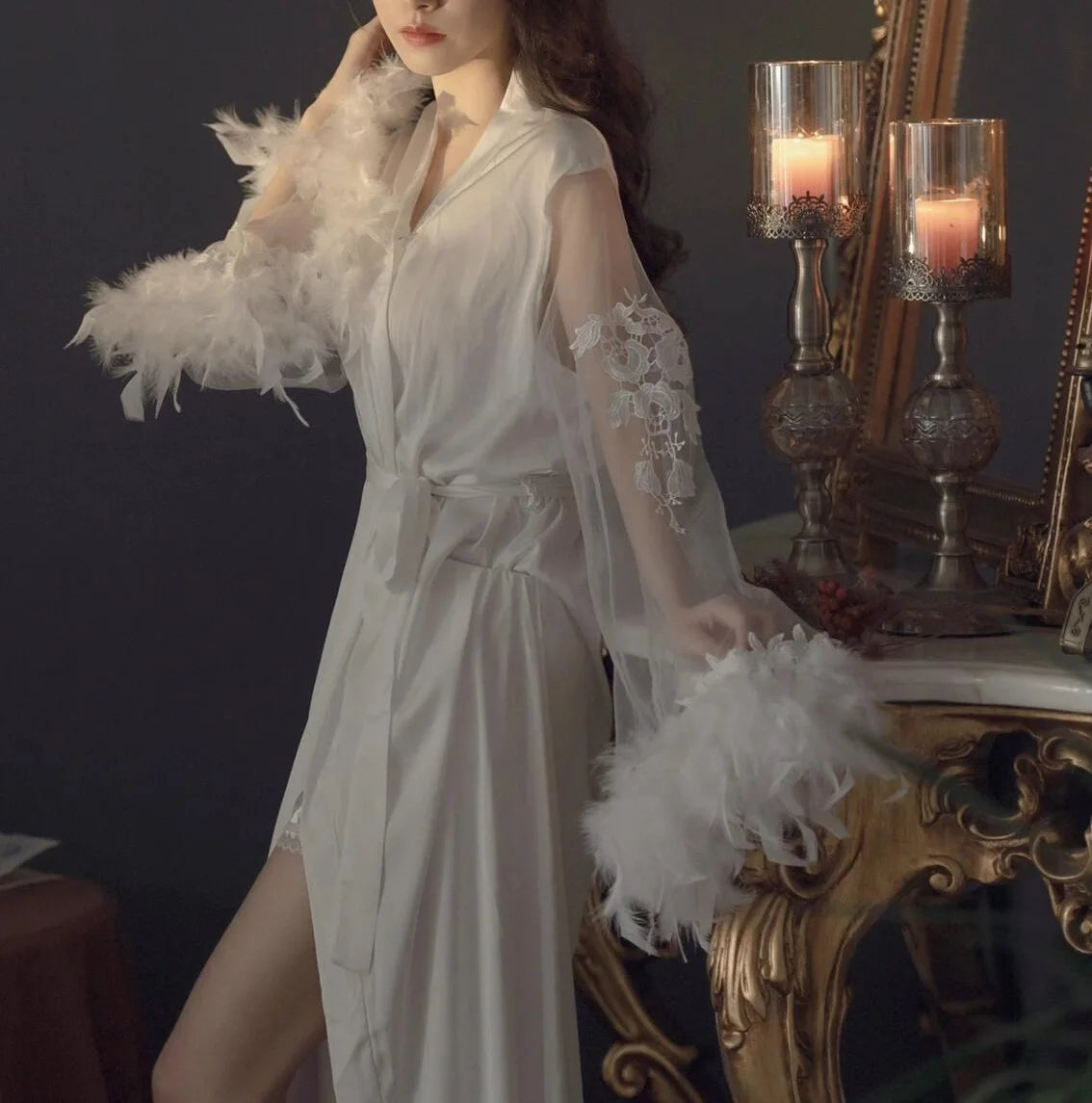 فساتين زفاف نسائية من الساتان بأكمام ريشية كبيرة من شبكة كيمونو طويل من Vestidos De Novia ملابس نوم فاخرة