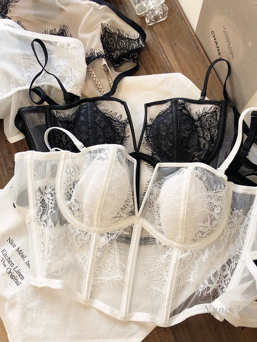Fishbone Bra Inner Match Sexy Bra Shoulder Straps Pure Desire Lace Underwear Outerwear Women Vacation Seaside Corset Top 2023