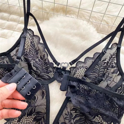 Lace Sexy Hollow Transparent Strappy Pajamas 2024 New Women's Jumpsuit Slim Fit Lingerie Hot Jumpsuit Backless Sensual Nightwear