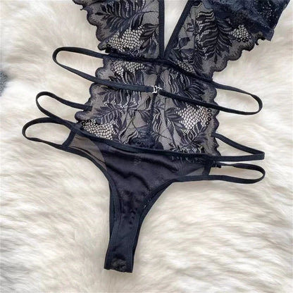 Lace Sexy Hollow Transparent Strappy Pajamas 2024 New Women's Jumpsuit Slim Fit Lingerie Hot Jumpsuit Backless Sensual Nightwear