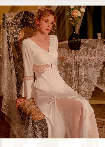 Sexy Mousse 2023 Ladies Sleepwear Sexy Long Nightdress Satin Deep V Mesh Embroidery Lace Nightwear Women Pajamas Home Suit Black