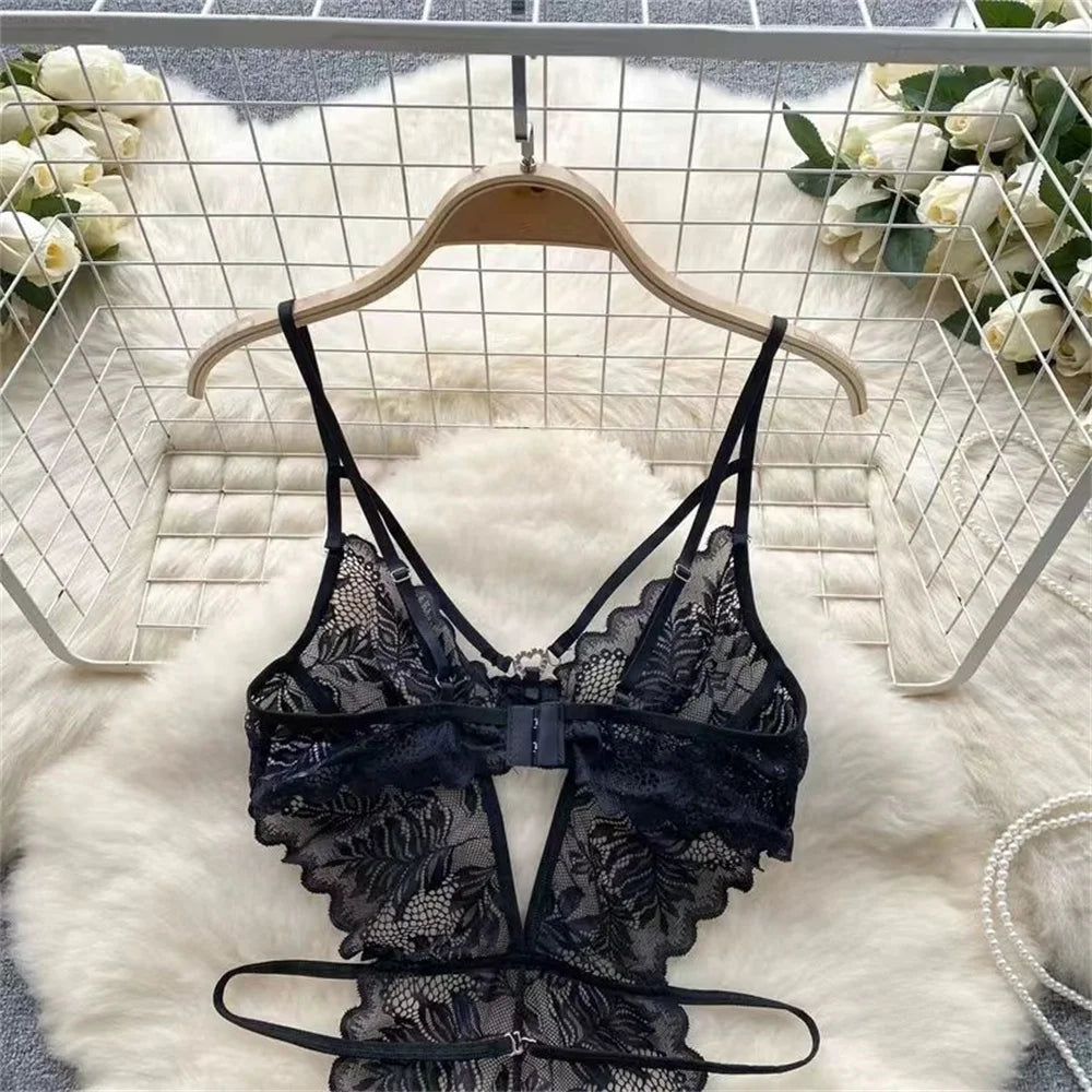 Lace Sexy Hollow Transparent Strappy Pajamas 2024 New Women's Jumpsuit Slim Fit Lingerie Hot Jumpsuit Backless Sensual Nightwear