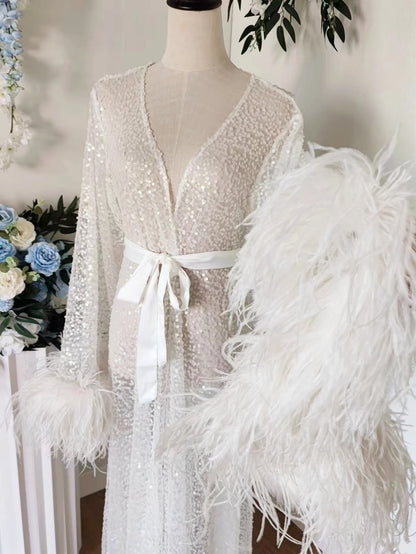 Luxury Rhinestone Feather Sequin Robe Floor Length White Bridal Robe with Max Feather Sleeve Beads Shawl Collar Bridal Wedding