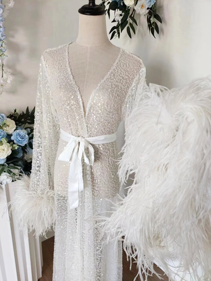 Luxury Rhinestone Feather Sequin Robe Floor Length White Bridal Robe with Max Feather Sleeve Beads Shawl Collar Bridal Wedding