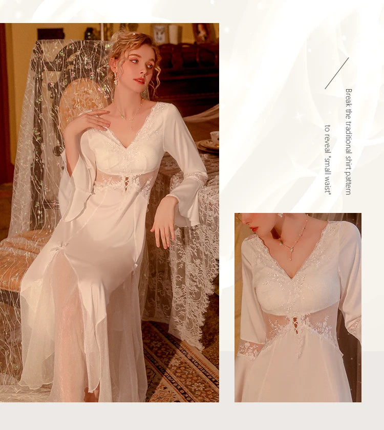Sexy Mousse 2023 Ladies Sleepwear Sexy Long Nightdress Satin Deep V Mesh Embroidery Lace Nightwear Women Pajamas Home Suit Black