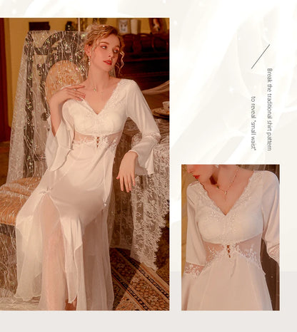 Sexy Mousse 2023 Ladies Sleepwear Sexy Long Nightdress Satin Deep V Mesh Embroidery Lace Nightwear Women Pajamas Home Suit Black