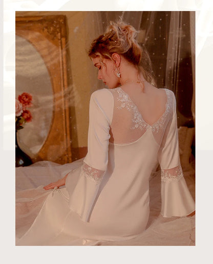 Sexy Mousse 2023 Ladies Sleepwear Sexy Long Nightdress Satin Deep V Mesh Embroidery Lace Nightwear Women Pajamas Home Suit Black