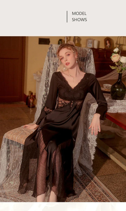 Sexy Mousse 2023 Ladies Sleepwear Sexy Long Nightdress Satin Deep V Mesh Embroidery Lace Nightwear Women Pajamas Home Suit Black