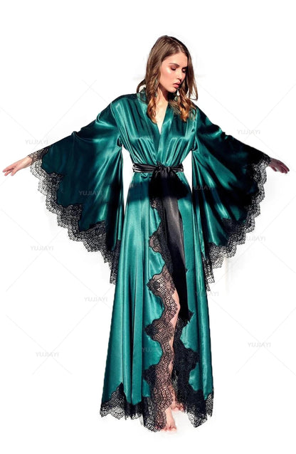 Women Robes Sleepwear Kimono Pajamas Pure Long Black Silk Satin Lace Trim Photography Dress Wedding Bride Gown Photo Shoot