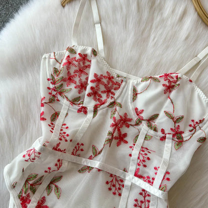 Women Hotsweet Vintage Mesh Embroidered Bodysuits Chic Lace Backless Jumpsuits Slim Straps Top Rompers Summer Sexy Clothing