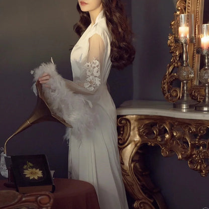 فساتين زفاف نسائية من الساتان بأكمام ريشية كبيرة من شبكة كيمونو طويل من Vestidos De Novia ملابس نوم فاخرة