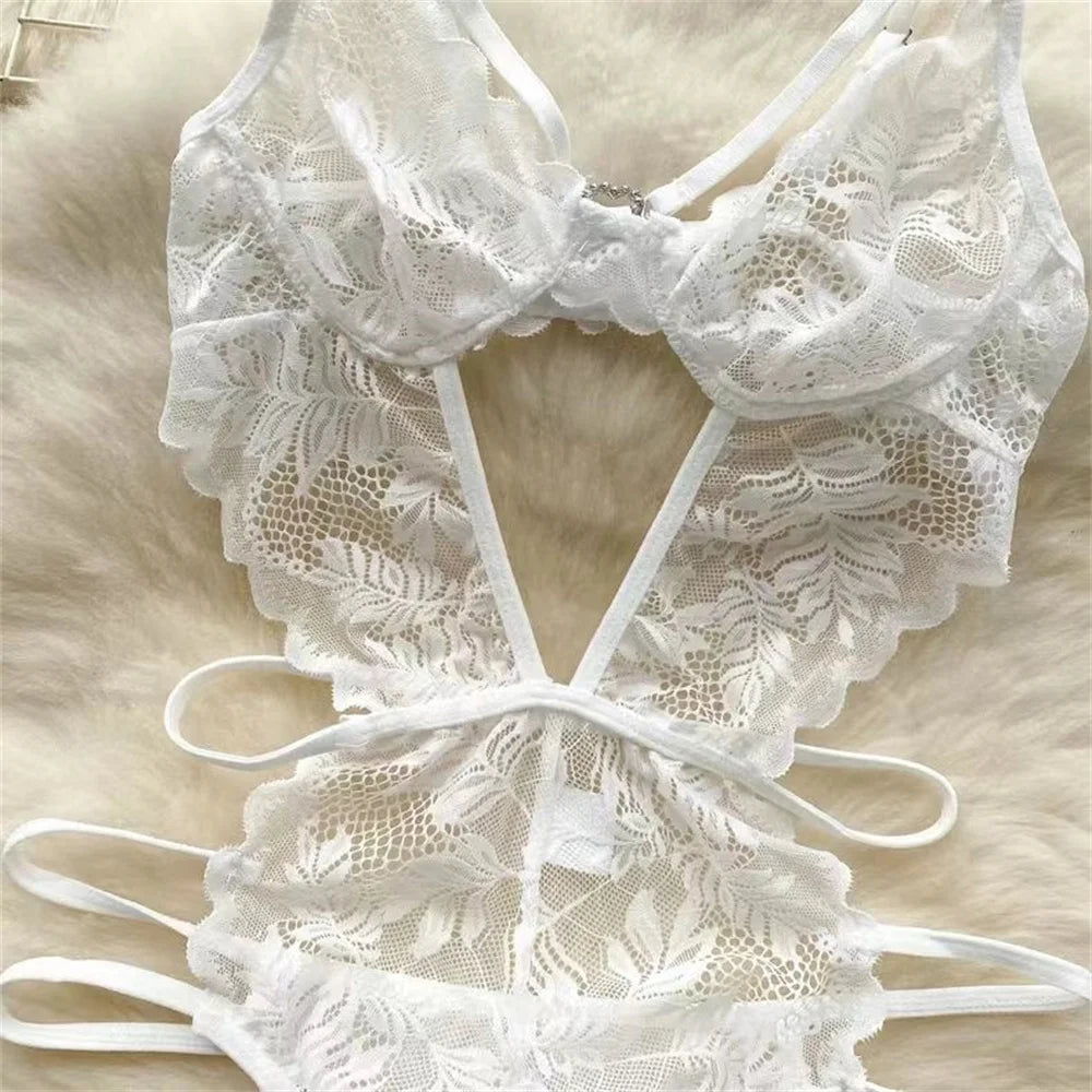 Lace Sexy Hollow Transparent Strappy Pajamas 2024 New Women's Jumpsuit Slim Fit Lingerie Hot Jumpsuit Backless Sensual Nightwear