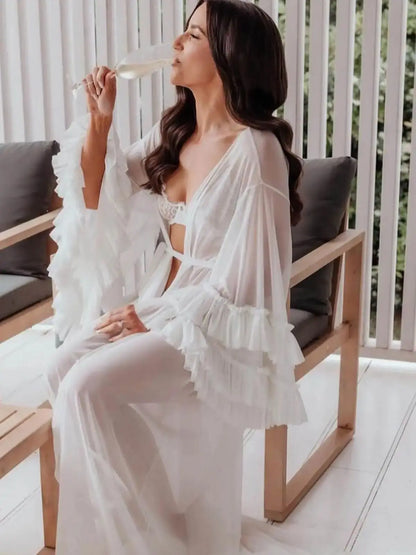 Illusion Women Nightgown Bridal Pajamas Long Sleeve Lace up Ruffles Bridal Wedding Bathrobe for Photography Custom Made