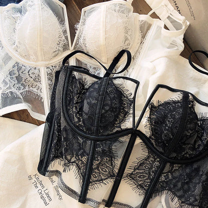 S M L XL White Black Deep-V Neck Lash Lace Underwear Sets Fishbone Waistcoat French Boob Tube Top Ultrathin Transparent Lingerie