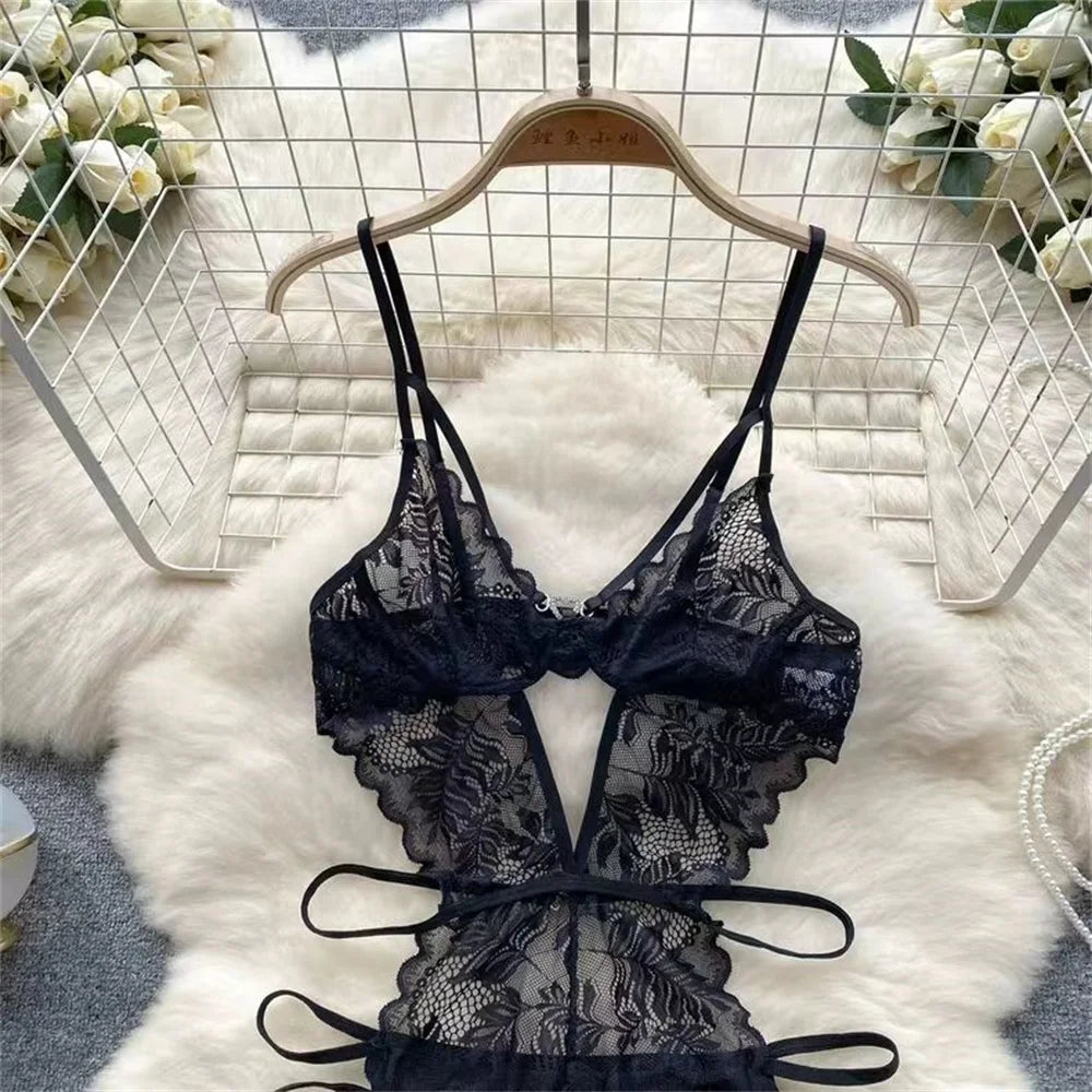 Lace Sexy Hollow Transparent Strappy Pajamas 2024 New Women's Jumpsuit Slim Fit Lingerie Hot Jumpsuit Backless Sensual Nightwear