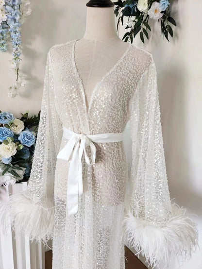 Luxury Rhinestone Feather Sequin Robe Floor Length White Bridal Robe with Max Feather Sleeve Beads Shawl Collar Bridal Wedding