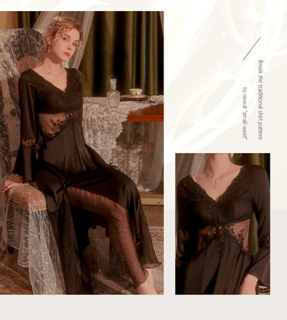 Sexy Mousse 2023 Ladies Sleepwear Sexy Long Nightdress Satin Deep V Mesh Embroidery Lace Nightwear Women Pajamas Home Suit Black