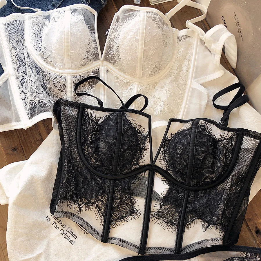 S M L XL White Black Deep-V Neck Lash Lace Underwear Sets Fishbone Waistcoat French Boob Tube Top Ultrathin Transparent Lingerie