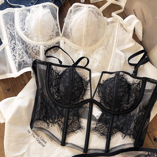 S M L XL White Black Deep-V Neck Lash Lace Underwear Sets Fishbone Waistcoat French Boob Tube Top Ultrathin Transparent Lingerie