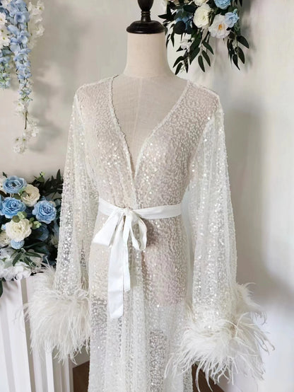 Luxury Rhinestone Feather Sequin Robe Floor Length White Bridal Robe with Max Feather Sleeve Beads Shawl Collar Bridal Wedding