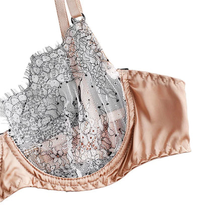 Women's Ultra-thin Steel Ring Eyelashes Lace Stitching Sexy Underwear Three-piece Set Thin Mesh Perspective Sexy Lingerie Set