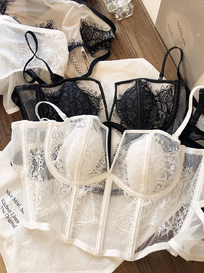 S M L XL White Black Deep-V Neck Lash Lace Underwear Sets Fishbone Waistcoat French Boob Tube Top Ultrathin Transparent Lingerie