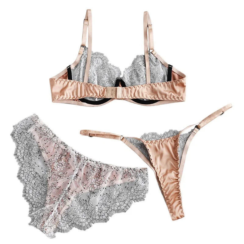 Women's Ultra-thin Steel Ring Eyelashes Lace Stitching Sexy Underwear Three-piece Set Thin Mesh Perspective Sexy Lingerie Set