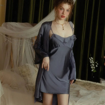 Women's Pajama Sets Satin Silk Robe Sets Nightgown Robes Kimono Sexy Lingerie V Neck Night Dress Sleepwear Woman Dressing Gown