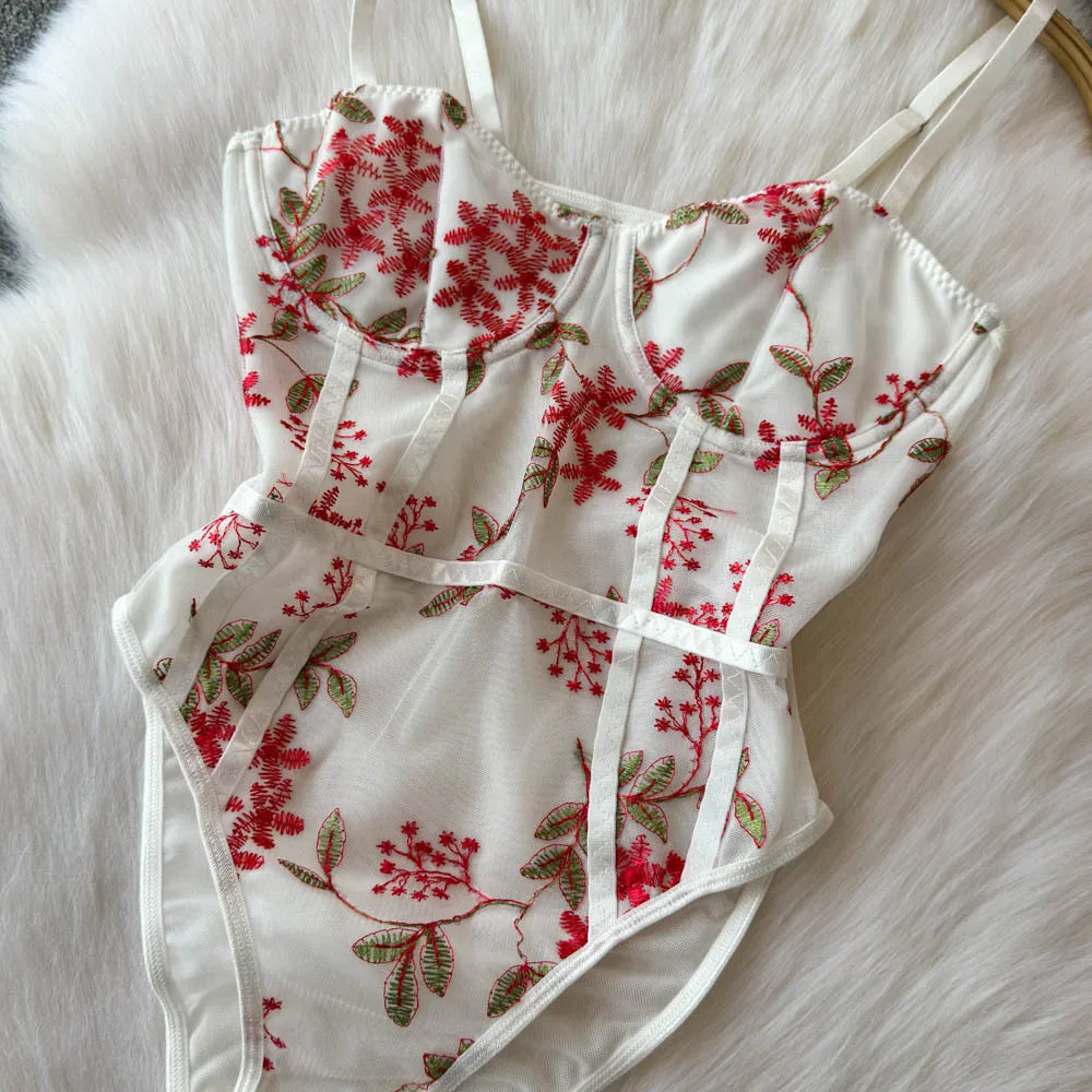 Women Hotsweet Vintage Mesh Embroidered Bodysuits Chic Lace Backless Jumpsuits Slim Straps Top Rompers Summer Sexy Clothing
