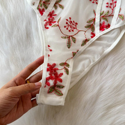 Women Hotsweet Vintage Mesh Embroidered Bodysuits Chic Lace Backless Jumpsuits Slim Straps Top Rompers Summer Sexy Clothing
