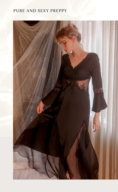 Sexy Mousse 2023 Ladies Sleepwear Sexy Long Nightdress Satin Deep V Mesh Embroidery Lace Nightwear Women Pajamas Home Suit Black