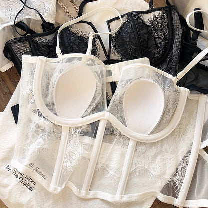 S M L XL White Black Deep-V Neck Lash Lace Underwear Sets Fishbone Waistcoat French Boob Tube Top Ultrathin Transparent Lingerie