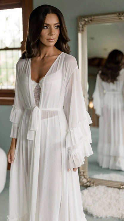 Illusion Women Nightgown Bridal Pajamas Long Sleeve Lace up Ruffles Bridal Wedding Bathrobe for Photography Custom Made