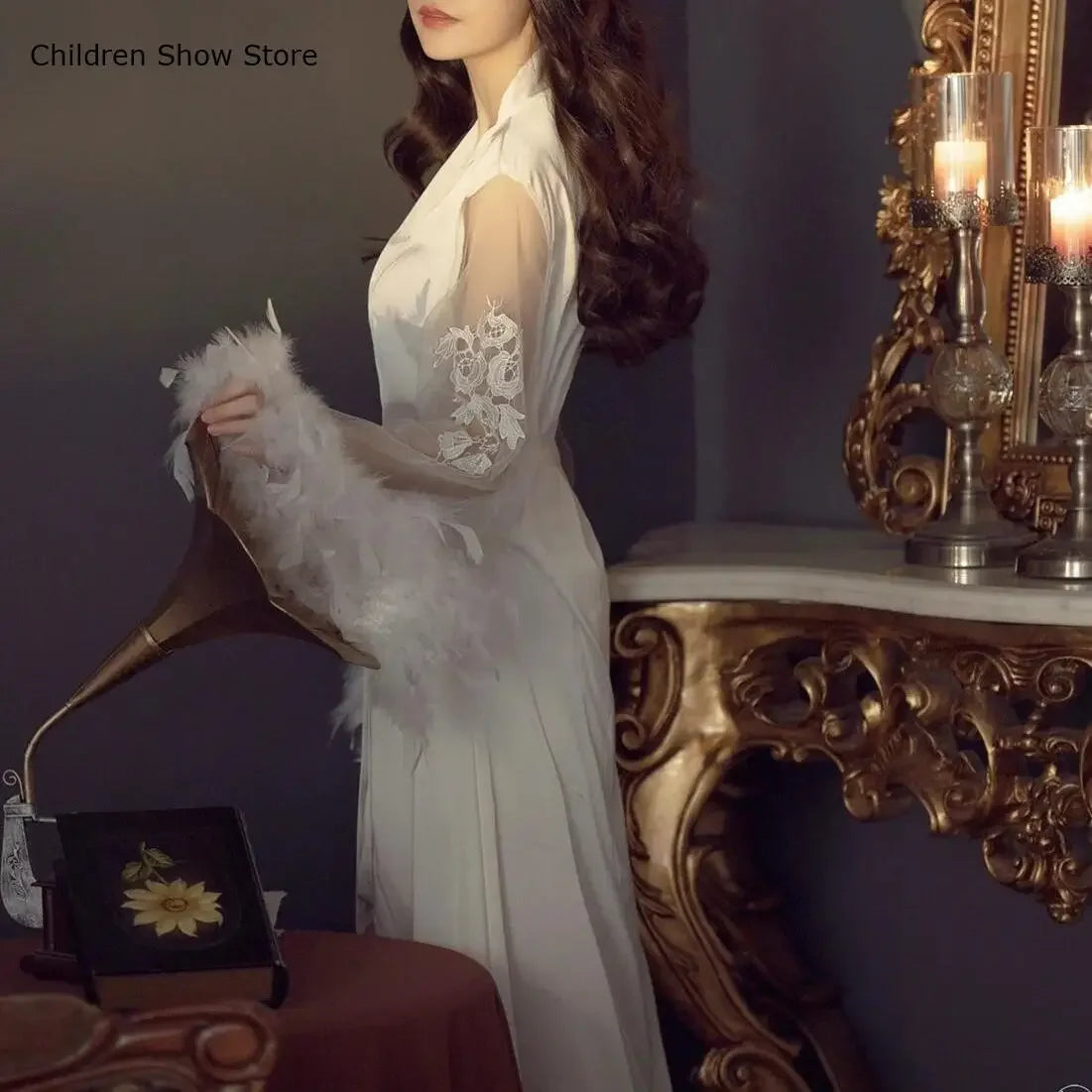 فساتين زفاف نسائية من الساتان بأكمام ريشية كبيرة من شبكة كيمونو طويل من Vestidos De Novia ملابس نوم فاخرة