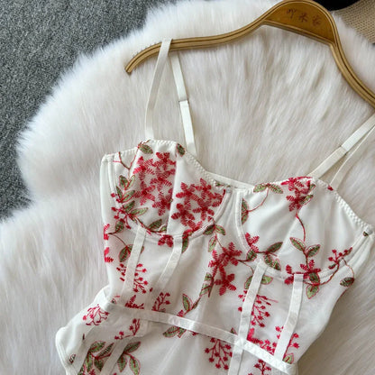 Women Hotsweet Vintage Mesh Embroidered Bodysuits Chic Lace Backless Jumpsuits Slim Straps Top Rompers Summer Sexy Clothing