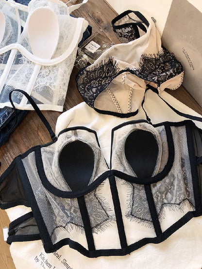 S M L XL White Black Deep-V Neck Lash Lace Underwear Sets Fishbone Waistcoat French Boob Tube Top Ultrathin Transparent Lingerie