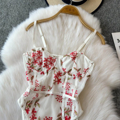 Women Hotsweet Vintage Mesh Embroidered Bodysuits Chic Lace Backless Jumpsuits Slim Straps Top Rompers Summer Sexy Clothing