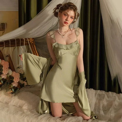 Women's Pajama Sets Satin Silk Robe Sets Nightgown Robes Kimono Sexy Lingerie V Neck Night Dress Sleepwear Woman Dressing Gown